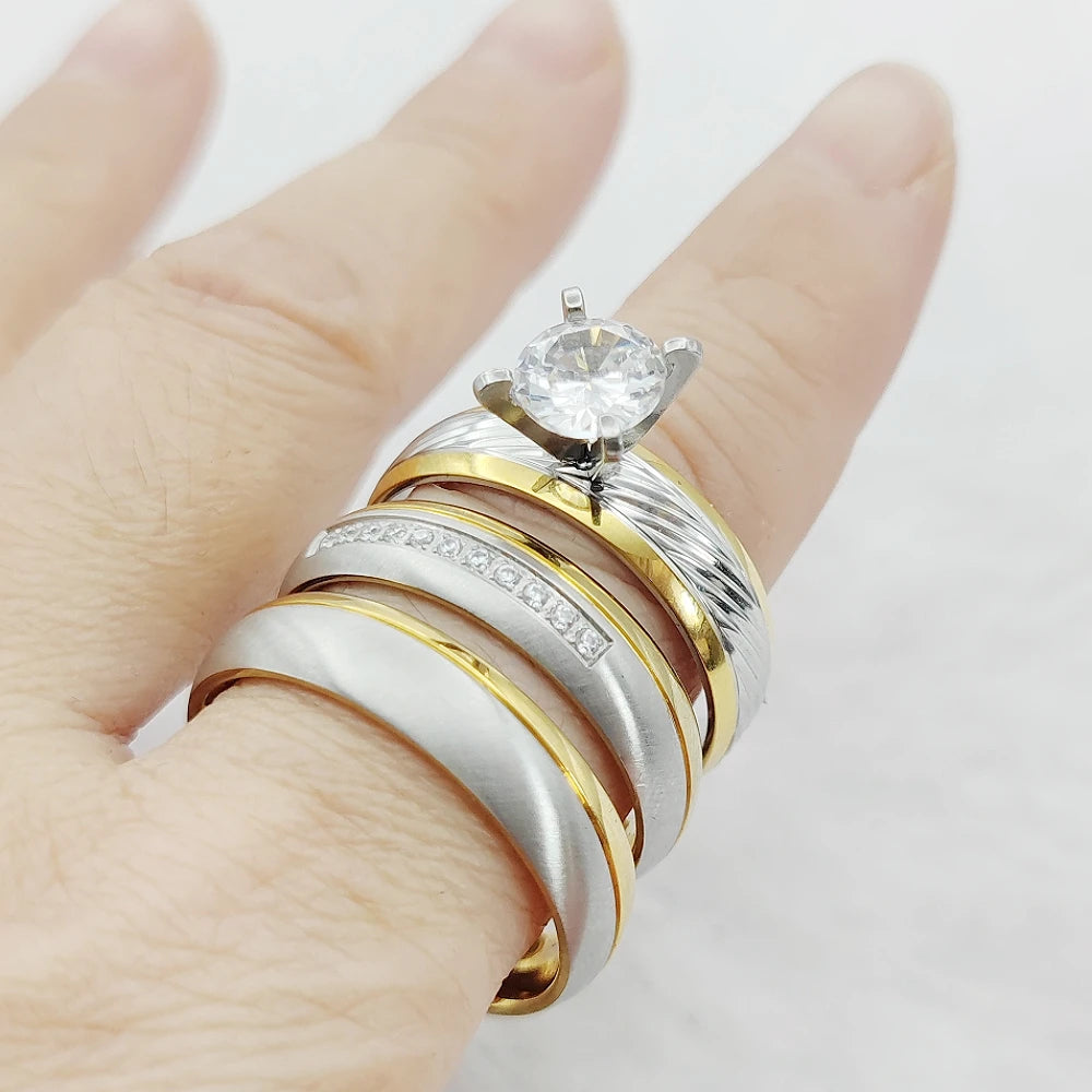 Trending Jewellery Handmade Crown Golden 3pcs Bridal Set Wedding Band Couples Cubic Zirconia Engagement Rings for Women