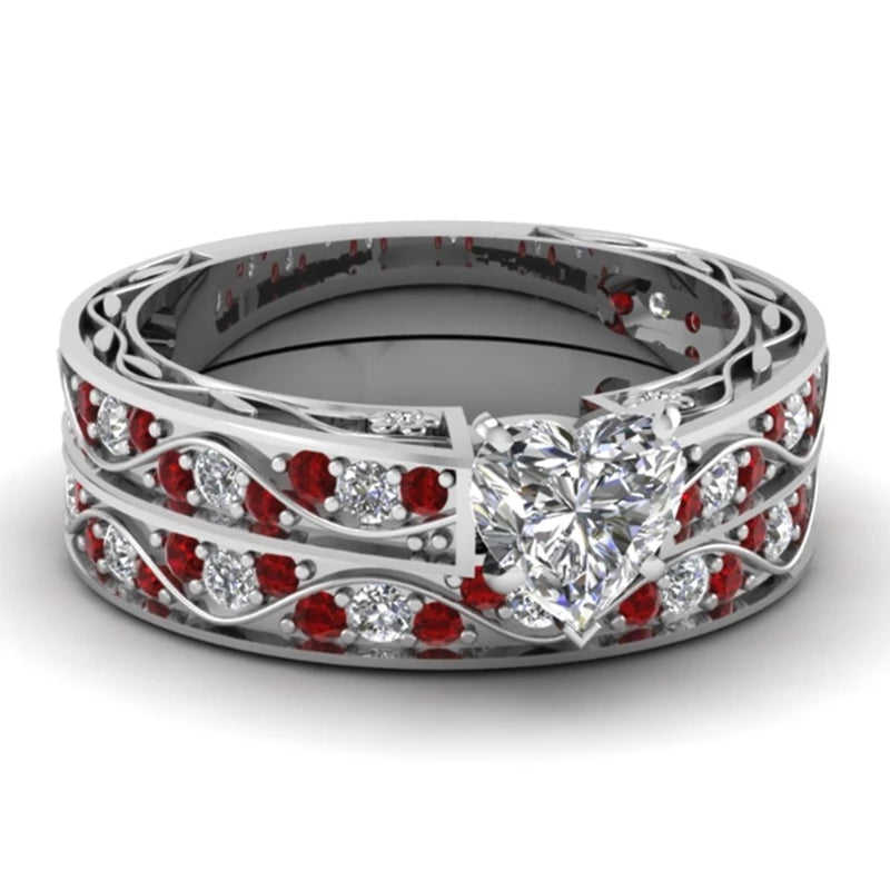 Carofeez Couple Ring Jewelry 8mm Stainless Steel Red Imitation Wood Men Ring Women's Heart Zircon Engagement Ring Wedding Band