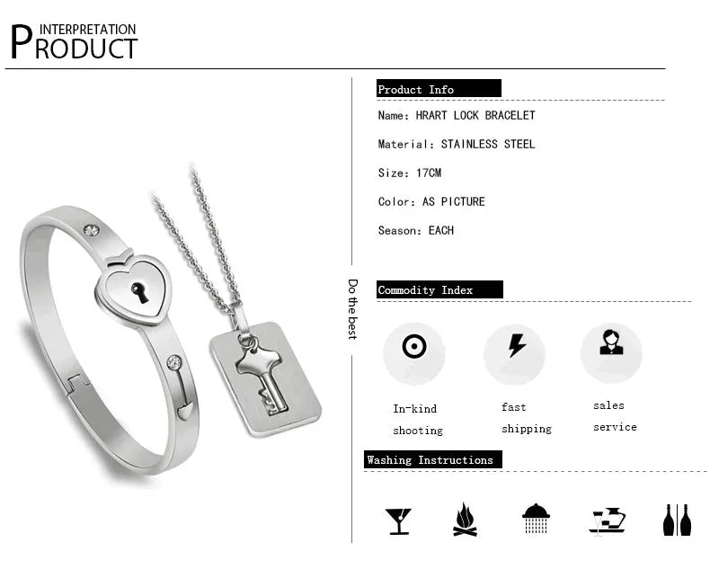 Couple Jewelry Stainless Steel Bracelet Love Heart Lock Bracelets Bangles Key Pendant Necklace for Women Men Lover Jewelry Gift