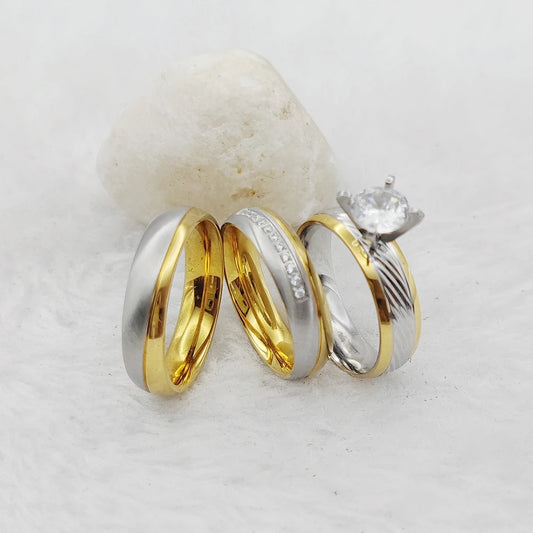 Trending Jewellery Handmade Crown Golden 3pcs Bridal Set Wedding Band Couples Cubic Zirconia Engagement Rings for Women