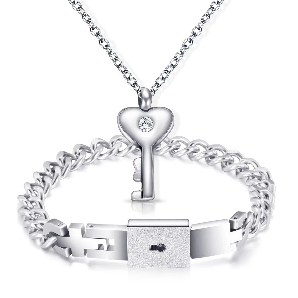 Couple Jewelry Stainless Steel Bracelet Love Heart Lock Bracelets Bangles Key Pendant Necklace for Women Men Lover Jewelry Gift