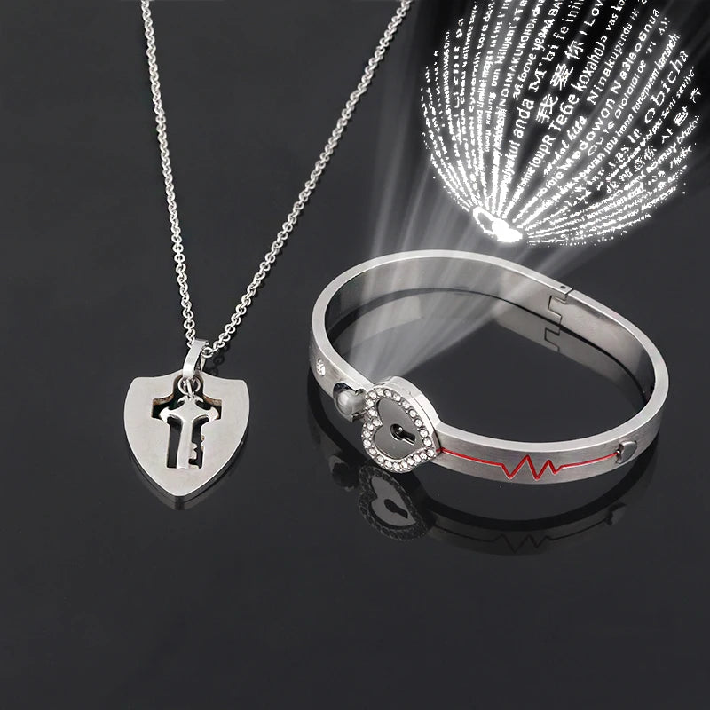 Couple Jewelry Stainless Steel Bracelet Love Heart Lock Bracelets Bangles Key Pendant Necklace for Women Men Lover Jewelry Gift