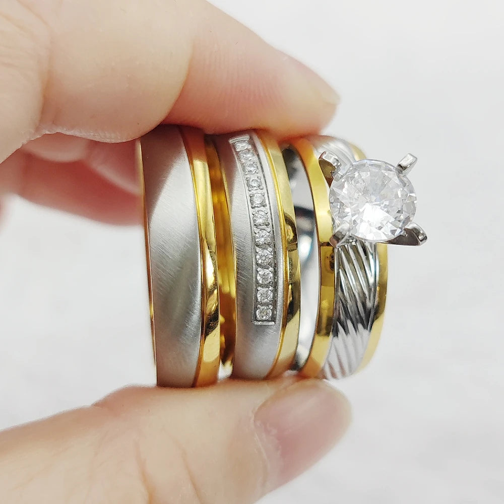 Trending Jewellery Handmade Crown Golden 3pcs Bridal Set Wedding Band Couples Cubic Zirconia Engagement Rings for Women