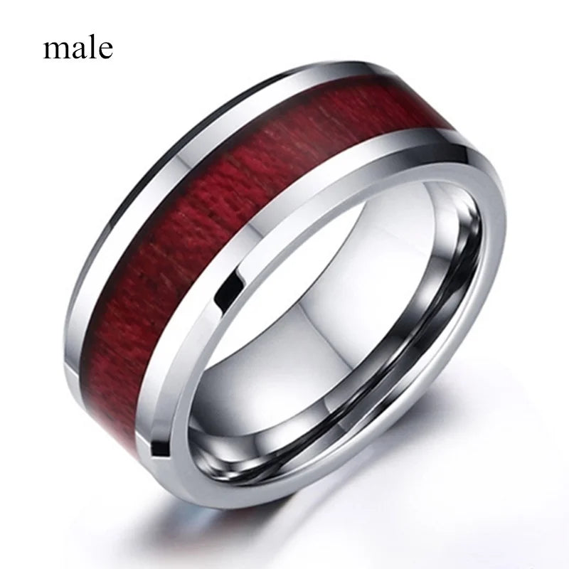 Carofeez Couple Ring Jewelry 8mm Stainless Steel Red Imitation Wood Men Ring Women's Heart Zircon Engagement Ring Wedding Band