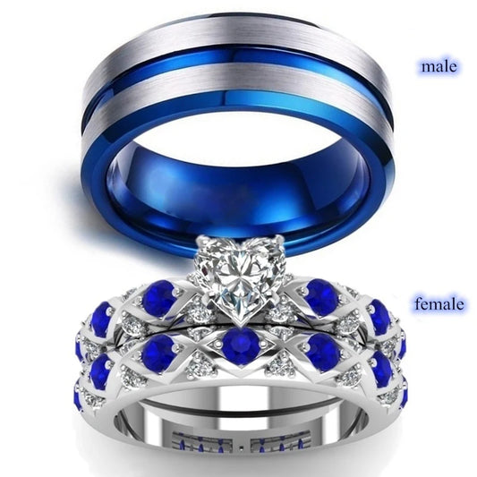 2025 Fashion Couple Rings for Lovers Vintage Jewelry Blue/White Zircon Heart Rings Set Trendy Stainless Steel Men Rings Gift