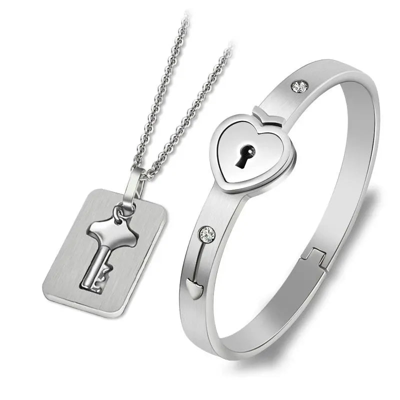 Couple Jewelry Stainless Steel Bracelet Love Heart Lock Bracelets Bangles Key Pendant Necklace for Women Men Lover Jewelry Gift