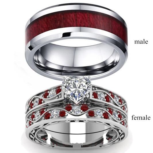 Carofeez Couple Ring Jewelry 8mm Stainless Steel Red Imitation Wood Men Ring Women's Heart Zircon Engagement Ring Wedding Band