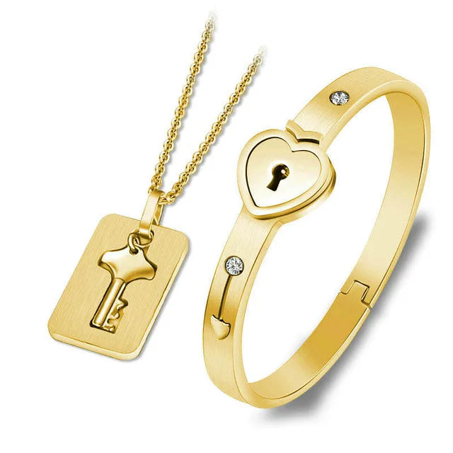 Couple Jewelry Stainless Steel Bracelet Love Heart Lock Bracelets Bangles Key Pendant Necklace for Women Men Lover Jewelry Gift