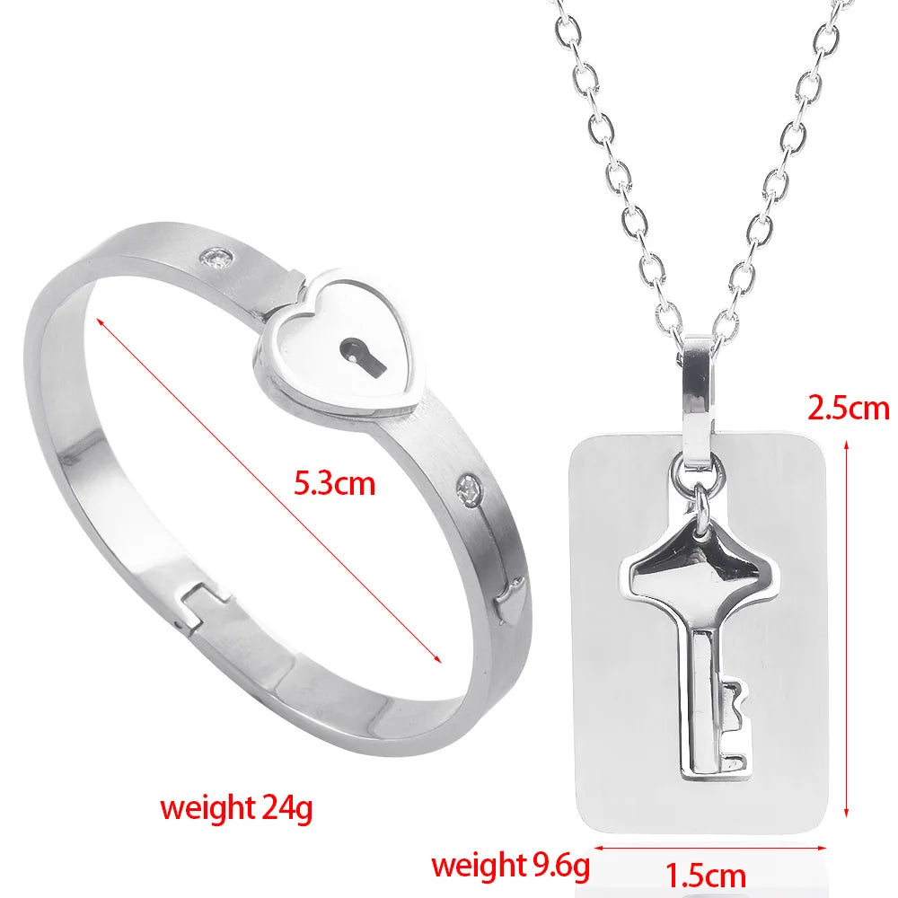 Couple Jewelry Stainless Steel Bracelet Love Heart Lock Bracelets Bangles Key Pendant Necklace for Women Men Lover Jewelry Gift