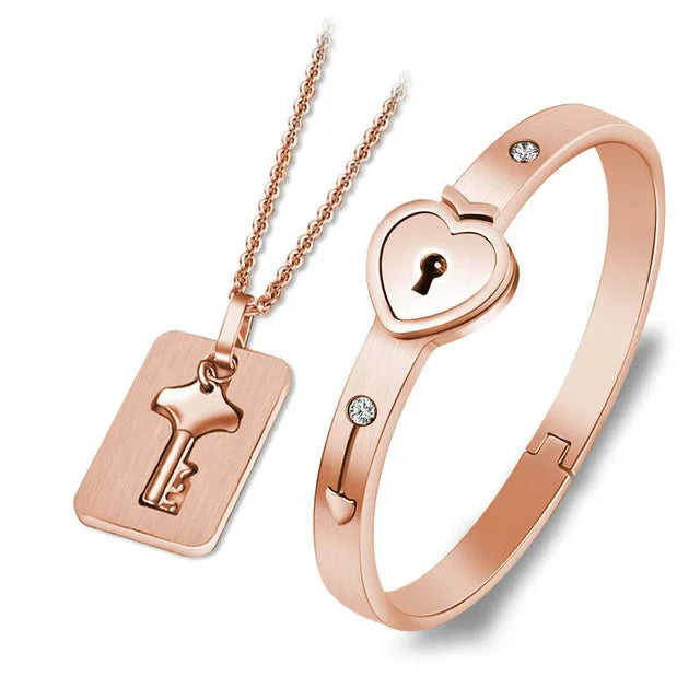 Couple Jewelry Stainless Steel Bracelet Love Heart Lock Bracelets Bangles Key Pendant Necklace for Women Men Lover Jewelry Gift