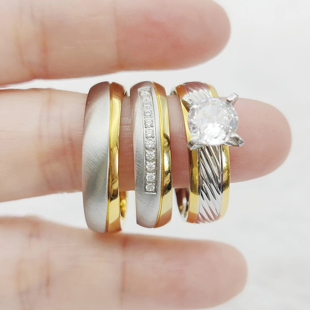 Trending Jewellery Handmade Crown Golden 3pcs Bridal Set Wedding Band Couples Cubic Zirconia Engagement Rings for Women