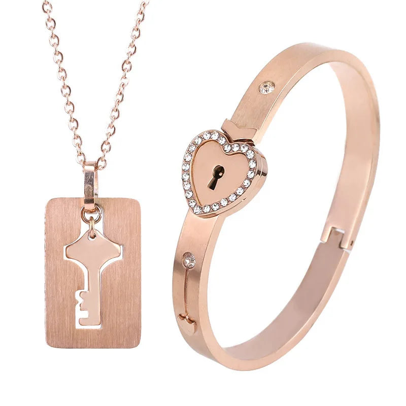 Couple Jewelry Stainless Steel Bracelet Love Heart Lock Bracelets Bangles Key Pendant Necklace for Women Men Lover Jewelry Gift
