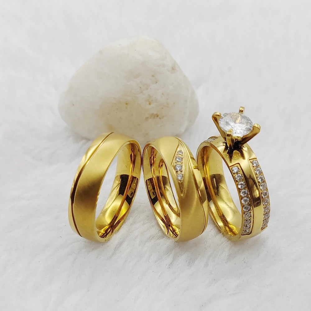 Trending Jewellery Handmade Crown Golden 3pcs Bridal Set Wedding Band Couples Cubic Zirconia Engagement Rings for Women