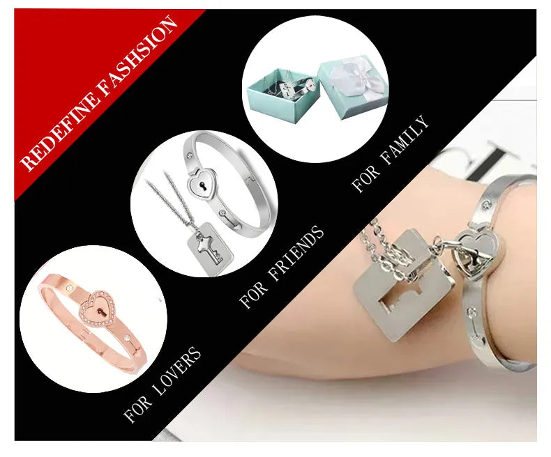 Couple Jewelry Stainless Steel Bracelet Love Heart Lock Bracelets Bangles Key Pendant Necklace for Women Men Lover Jewelry Gift