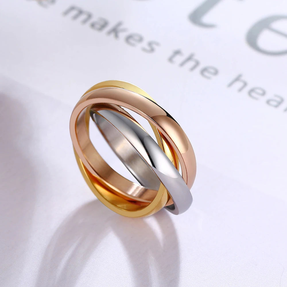 Classic 3 Rounds Ring Sets Women Stainless Steel Wedding Engagement Female Finger Jewelry