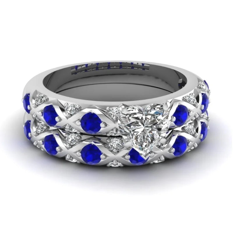 2025 Fashion Couple Rings for Lovers Vintage Jewelry Blue/White Zircon Heart Rings Set Trendy Stainless Steel Men Rings Gift