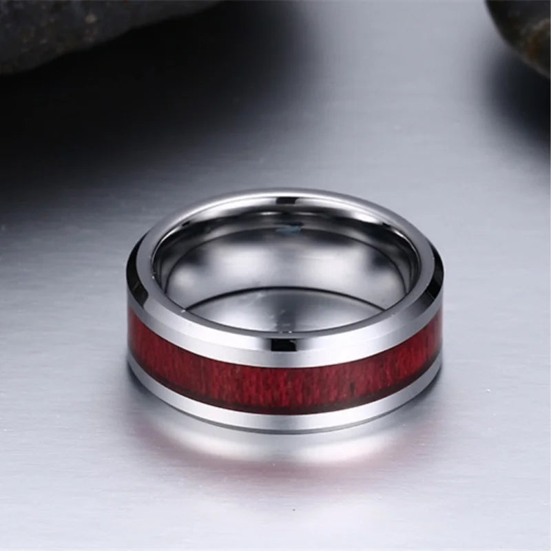 Carofeez Couple Ring Jewelry 8mm Stainless Steel Red Imitation Wood Men Ring Women's Heart Zircon Engagement Ring Wedding Band