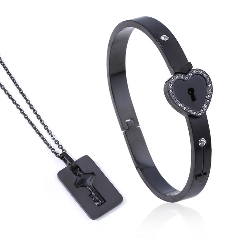 Couple Jewelry Stainless Steel Bracelet Love Heart Lock Bracelets Bangles Key Pendant Necklace for Women Men Lover Jewelry Gift