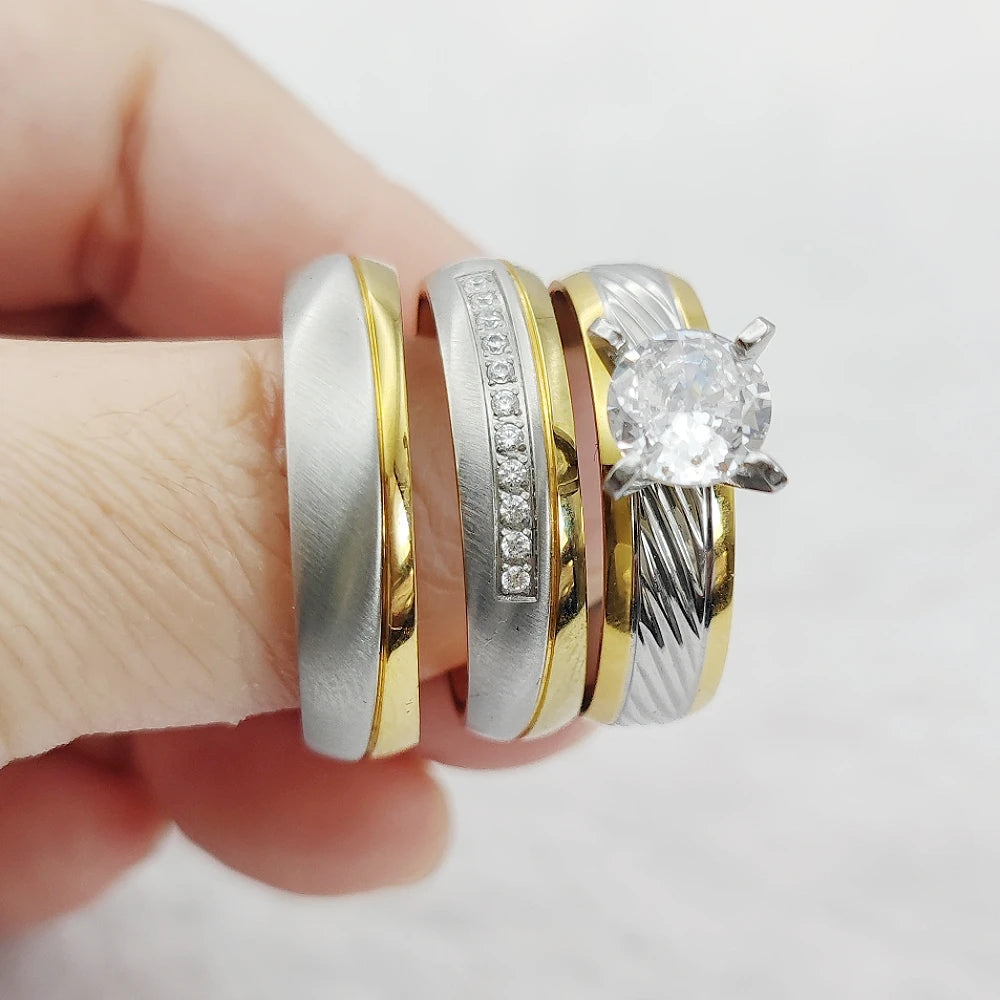 Trending Jewellery Handmade Crown Golden 3pcs Bridal Set Wedding Band Couples Cubic Zirconia Engagement Rings for Women