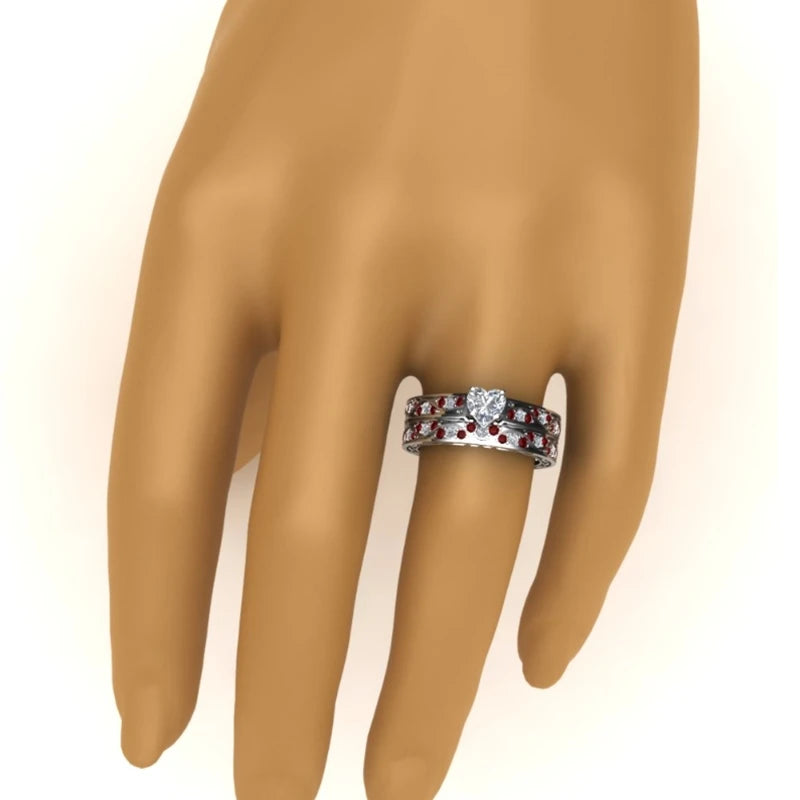 Carofeez Couple Ring Jewelry 8mm Stainless Steel Red Imitation Wood Men Ring Women's Heart Zircon Engagement Ring Wedding Band