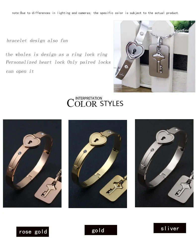 Couple Jewelry Stainless Steel Bracelet Love Heart Lock Bracelets Bangles Key Pendant Necklace for Women Men Lover Jewelry Gift
