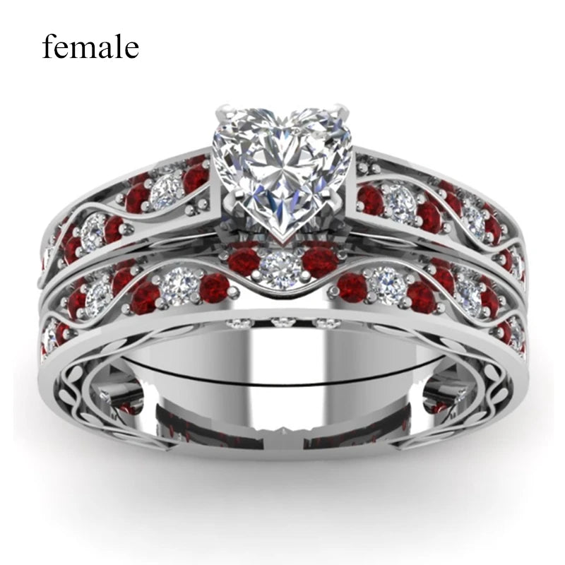 Carofeez Couple Ring Jewelry 8mm Stainless Steel Red Imitation Wood Men Ring Women's Heart Zircon Engagement Ring Wedding Band