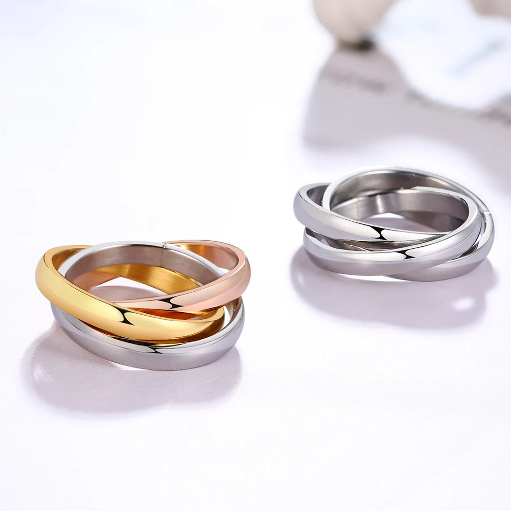 Classic 3 Rounds Ring Sets Women Stainless Steel Wedding Engagement Female Finger Jewelry