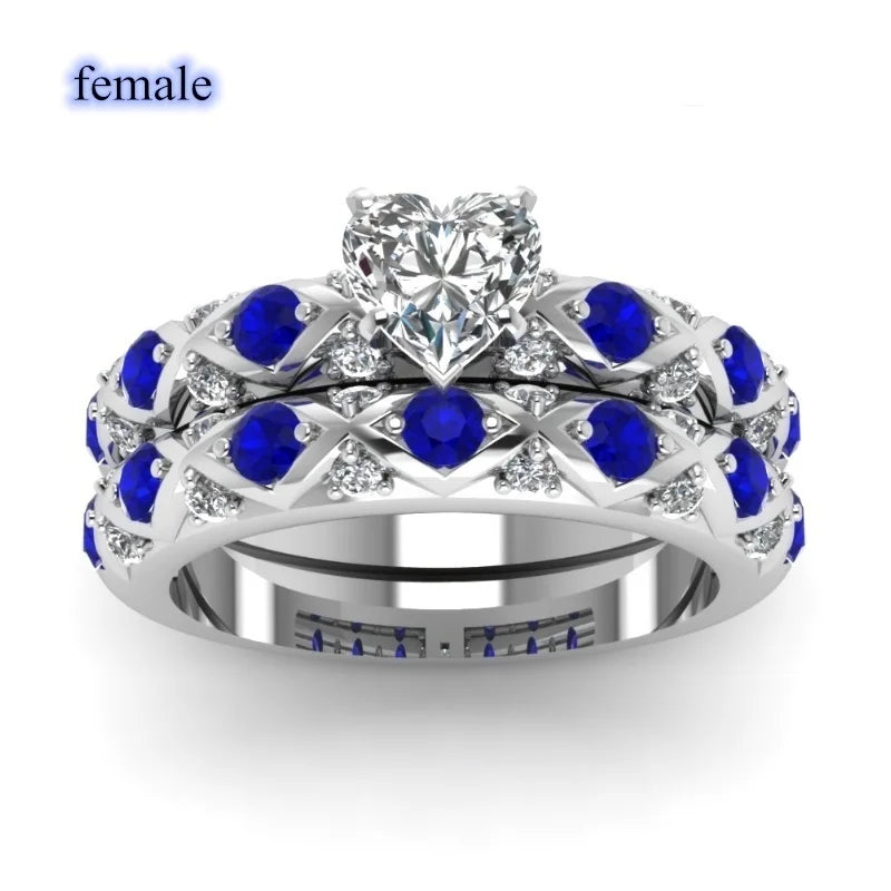 2025 Fashion Couple Rings for Lovers Vintage Jewelry Blue/White Zircon Heart Rings Set Trendy Stainless Steel Men Rings Gift