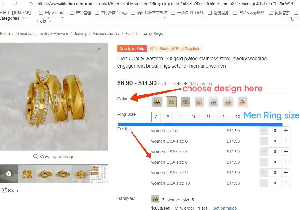 Trending Jewellery Handmade Crown Golden 3pcs Bridal Set Wedding Band Couples Cubic Zirconia Engagement Rings for Women