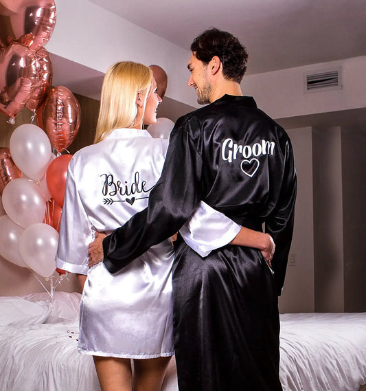 Personalized Groom and Bride Satin Robes Valentines Day Gift Robes for Couple Matching Custom Robes for Wedding Men and Women