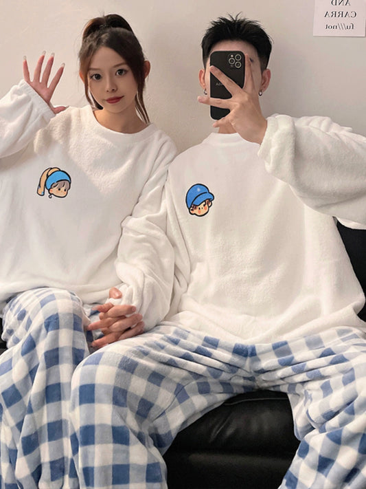 Women's Coral Fleece Cute Cartoon Gingham Couple Pajamas