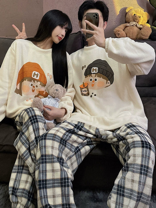 Autumn and Winter Coral Fleece Couple Pajamas Women's Flannel Cartoon Cute Women's Suit Winter Men's Home Wear