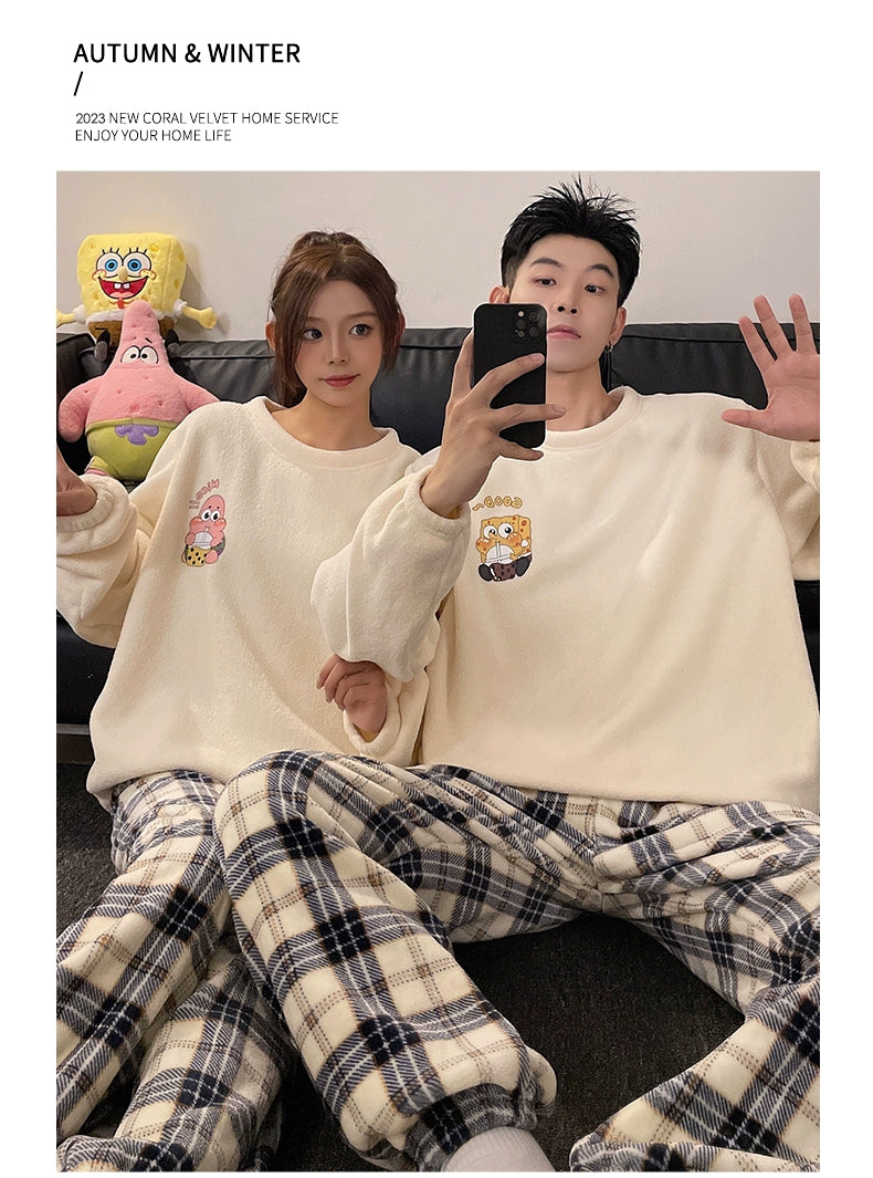 Couple Pajamas Women's Coral Fleece Winter Thickened Fleece-lined Autumn and Winter Day Flannel Plus Size Men's Home Wear Suit