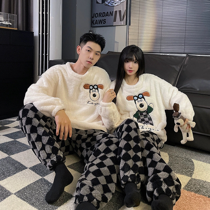 Couple Pajamas Women's Coral Fleece Winter Thickened Fleece-lined Autumn and Winter Day Flannel Plus Size Men's Home Wear Suit