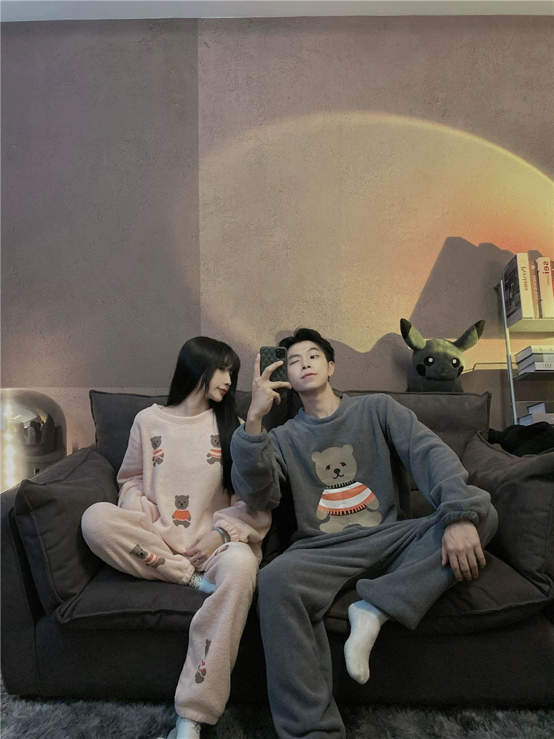 South Korea Bear Women's Thickened Flannel Couple Pajamas