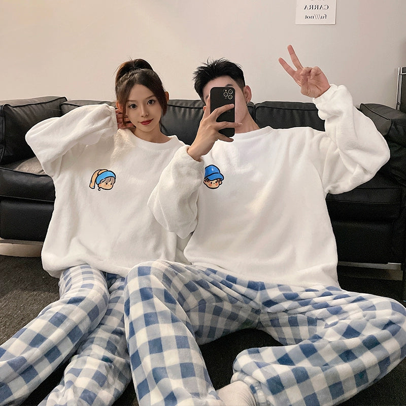 Couple Pajamas Women's Coral Fleece Winter Thickened Fleece-lined Autumn and Winter Day Flannel Plus Size Men's Home Wear Suit