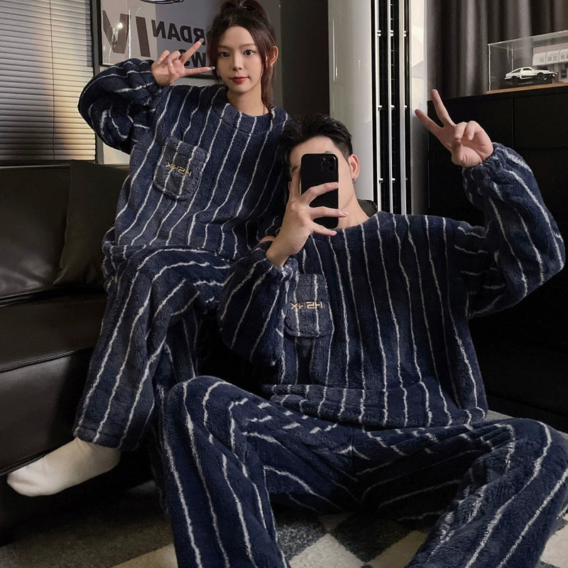 Couple Pajamas Women's Coral Fleece Winter Thickened Fleece-lined Autumn and Winter Day Flannel Plus Size Men's Home Wear Suit