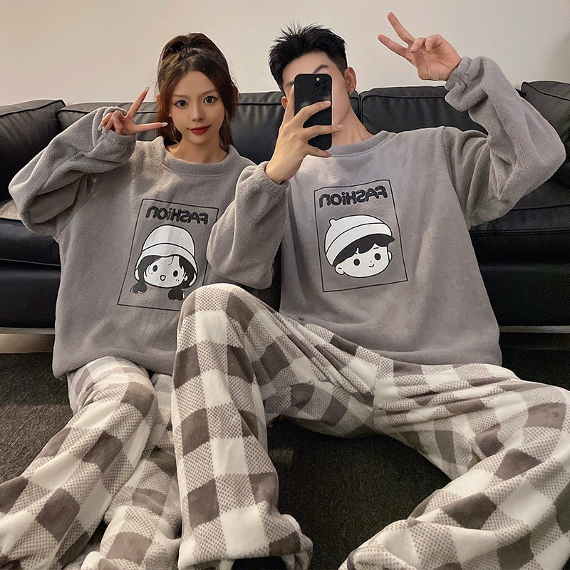 Couple Pajamas Women's Coral Fleece Winter Thickened Fleece-lined Autumn and Winter Day Flannel Plus Size Men's Home Wear Suit