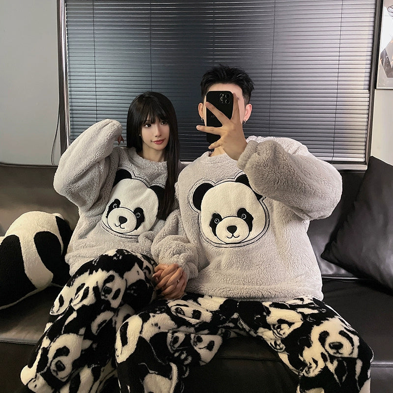Couple Pajamas Women's Coral Fleece Winter Thickened Fleece-lined Autumn and Winter Day Flannel Plus Size Men's Home Wear Suit