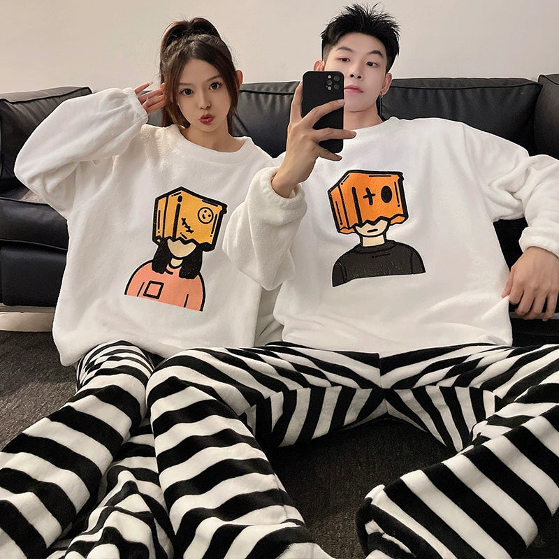 Couple Pajamas Women's Coral Fleece Winter Thickened Fleece-lined Autumn and Winter Day Flannel Plus Size Men's Home Wear Suit