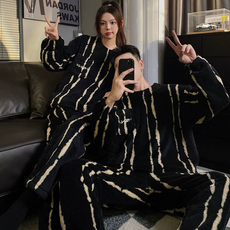Couple Pajamas Women's Coral Fleece Winter Thickened Fleece-lined Autumn and Winter Day Flannel Plus Size Men's Home Wear Suit