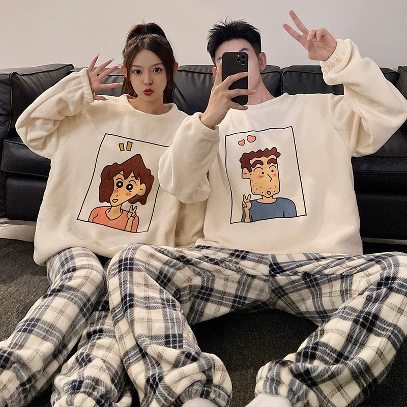 Couple Pajamas Women's Coral Fleece Winter Thickened Fleece-lined Autumn and Winter Day Flannel Plus Size Men's Home Wear Suit