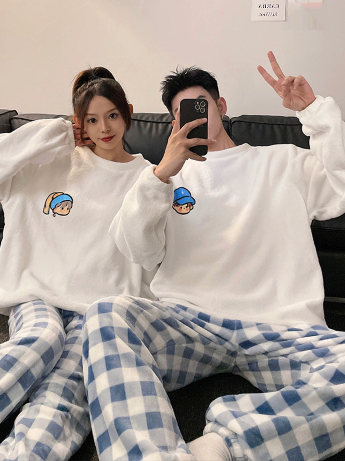 Women's Coral Fleece Cute Cartoon Gingham Couple Pajamas