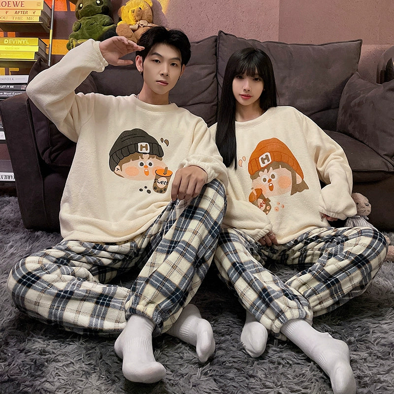 Couple Pajamas Women's Coral Fleece Winter Thickened Fleece-lined Autumn and Winter Day Flannel Plus Size Men's Home Wear Suit