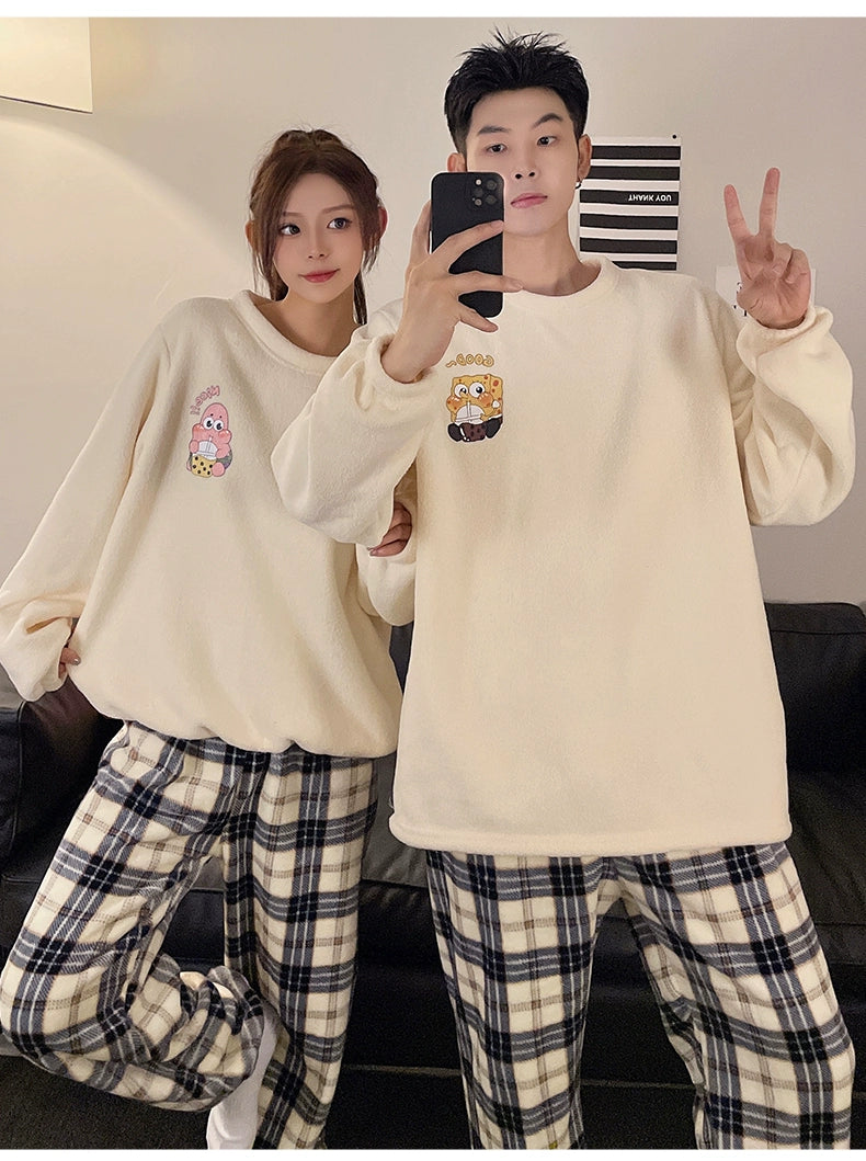 Couple Pajamas Women's Coral Fleece Winter Thickened Fleece-lined Autumn and Winter Day Flannel Plus Size Men's Home Wear Suit