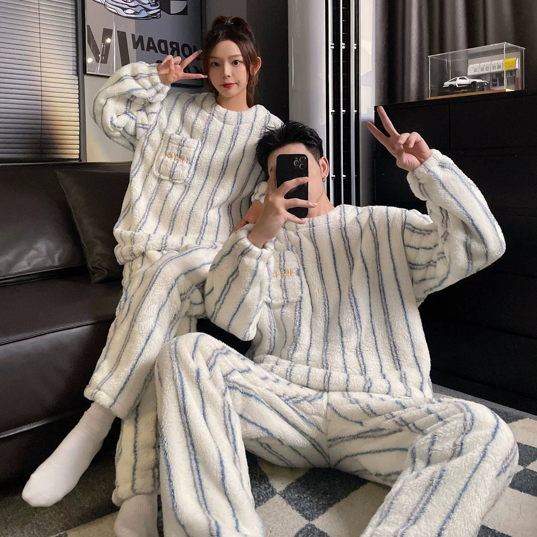 Couple Pajamas Women's Coral Fleece Winter Thickened Fleece-lined Autumn and Winter Day Flannel Plus Size Men's Home Wear Suit