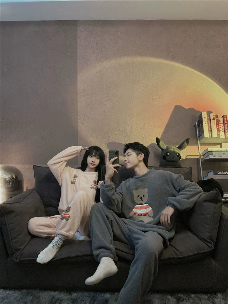South Korea Bear Women's Thickened Flannel Couple Pajamas