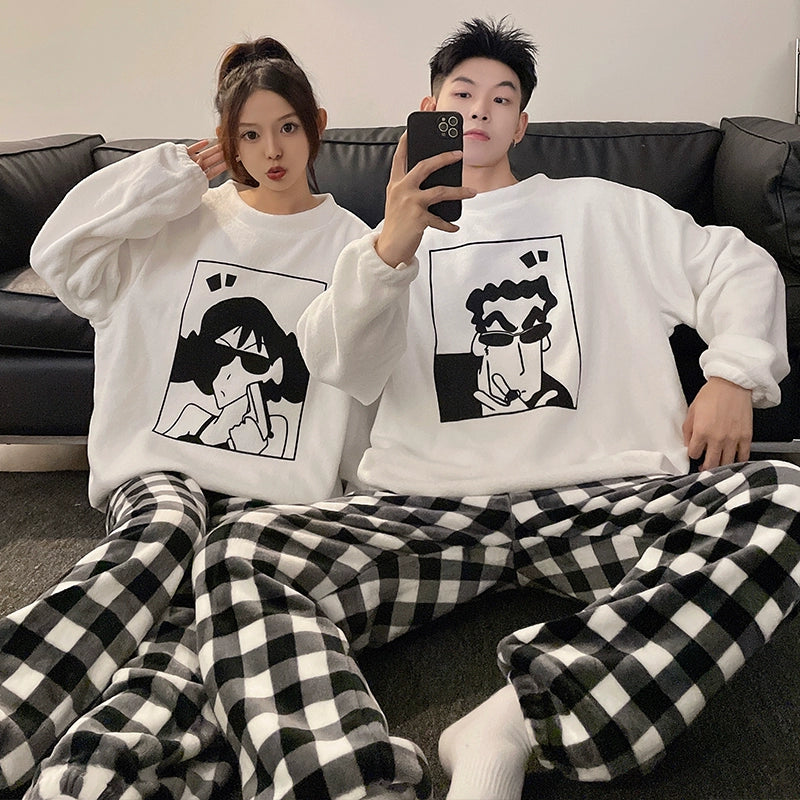 Couple Pajamas Women's Coral Fleece Winter Thickened Fleece-lined Autumn and Winter Day Flannel Plus Size Men's Home Wear Suit
