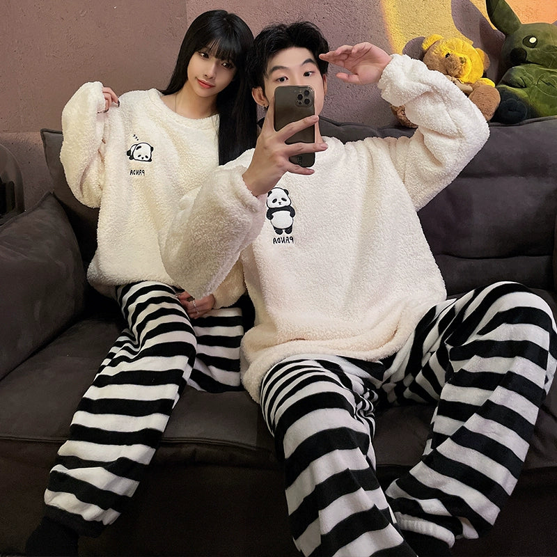 Couple Pajamas Women's Coral Fleece Winter Thickened Fleece-lined Autumn and Winter Day Flannel Plus Size Men's Home Wear Suit