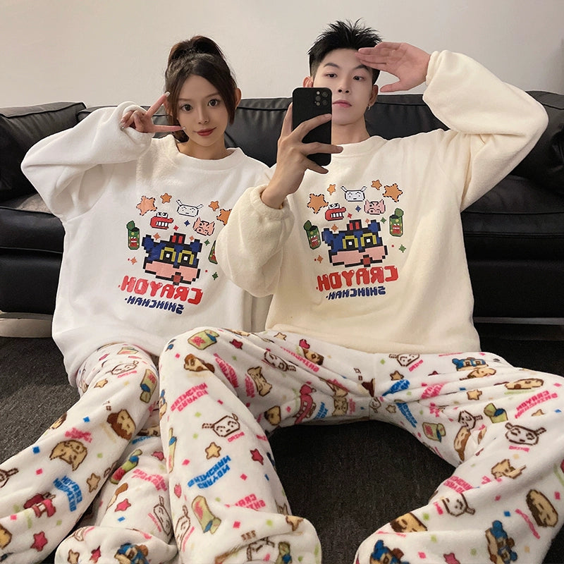 Couple Pajamas Women's Coral Fleece Winter Thickened Fleece-lined Autumn and Winter Day Flannel Plus Size Men's Home Wear Suit